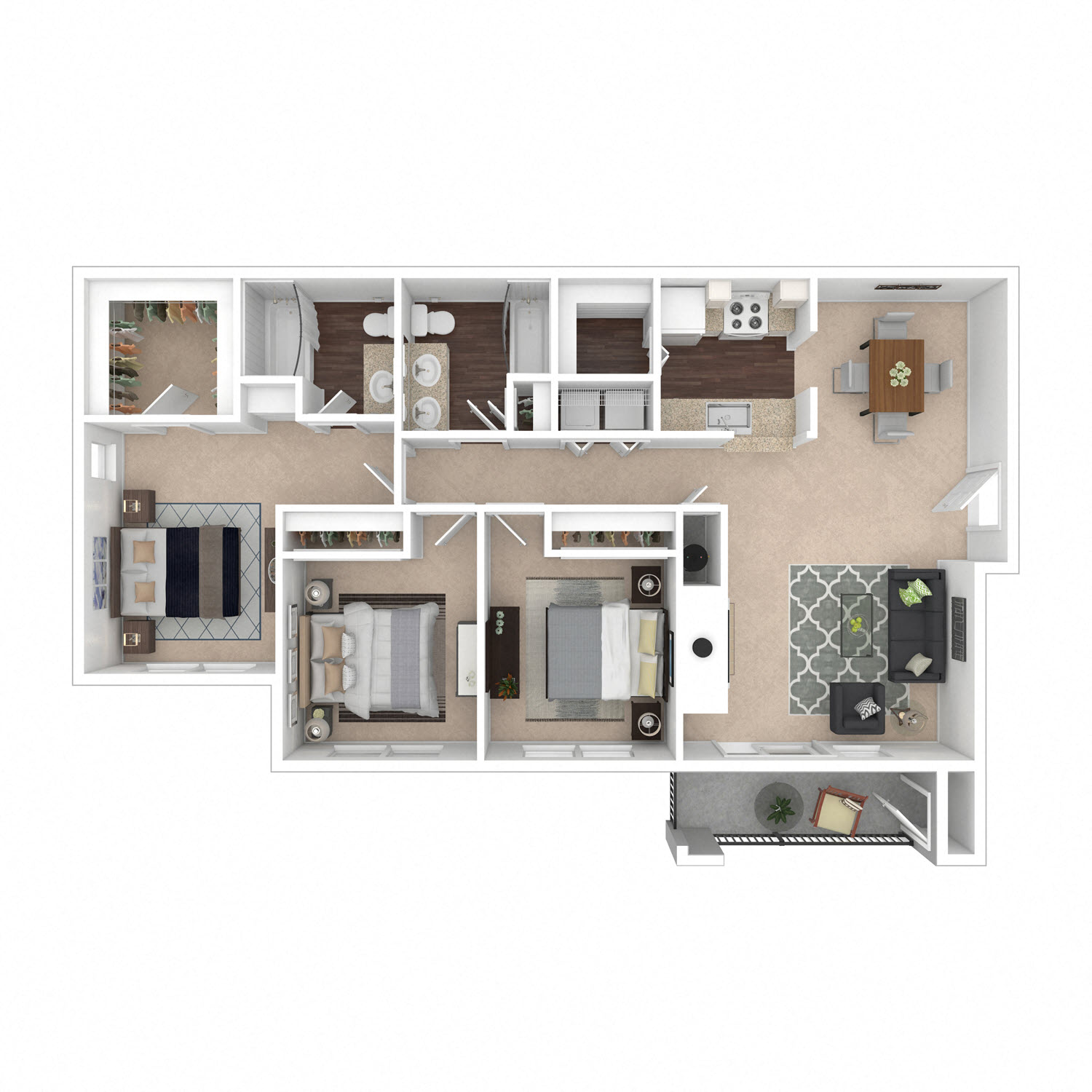 Floor plan for 3 beds, 2 baths, 1231 sqft